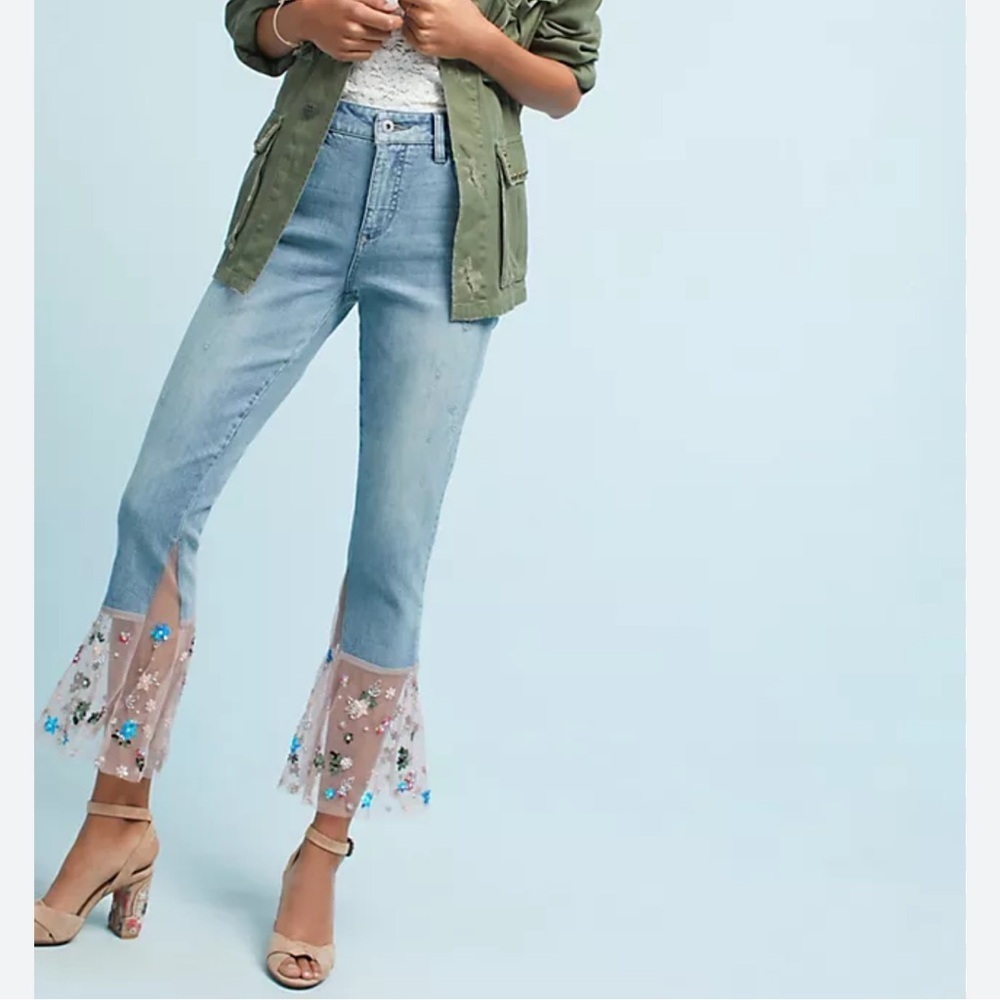 Anthropologie High Rise Cropped Light Blue Floral Beaded Embellished Flare Jeans